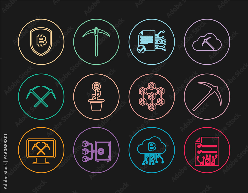Set line Smart contract, Pickaxe, Bitcoin plant in the pot, Crossed pickaxe, Shield with bitcoin, Blockchain technology and icon. Vector Set line Smart contract, Pickaxe, Bitcoin plant in the pot, Crossed pickaxe, Shield with bitcoin, Blockchain technology and icon. Vector