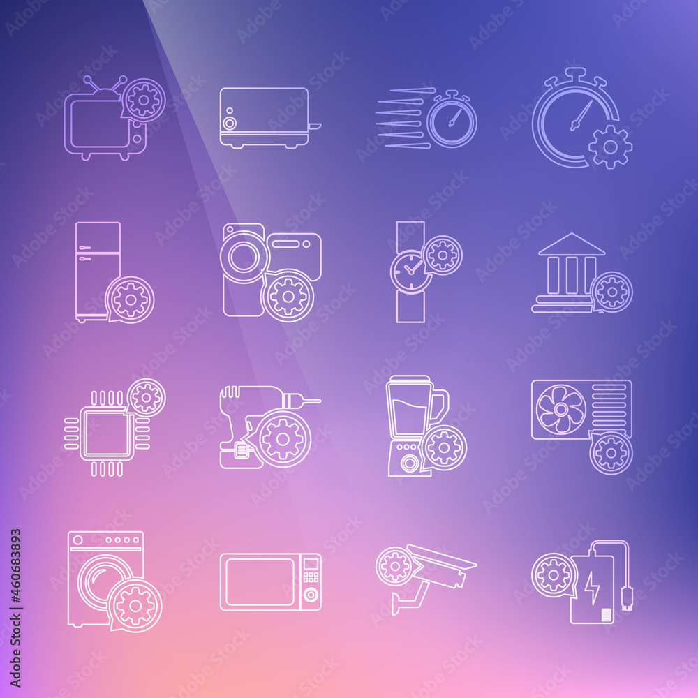 Set line Power bank setting, Air conditioner, Bank building, Stopwatch, Video camera, Refrigerator, Tv and Wrist icon. Vector