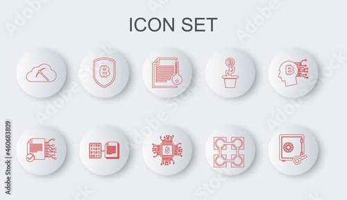 Set line Proof of stake, Smart contract, Blockchain technology, Cryptocurrency cloud mining, Shield with bitcoin, and Processor chip dollar icon. Vector