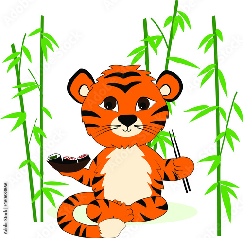 Cartoon tiger sitting and holding a plate of sushi and sushi chopsticks on a bamboo background. Vector image.
