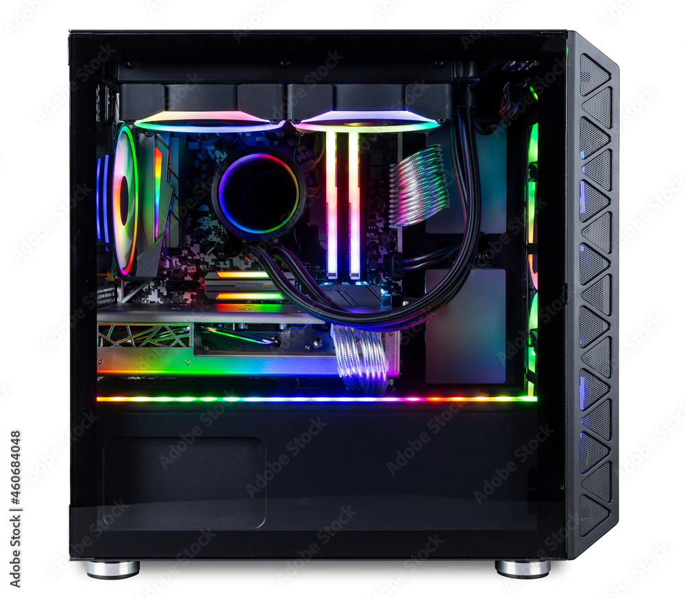 black custom gaming pc computer with glass windows and colorful bright rgb  rainbow led lighting isolated white background Stock Photo