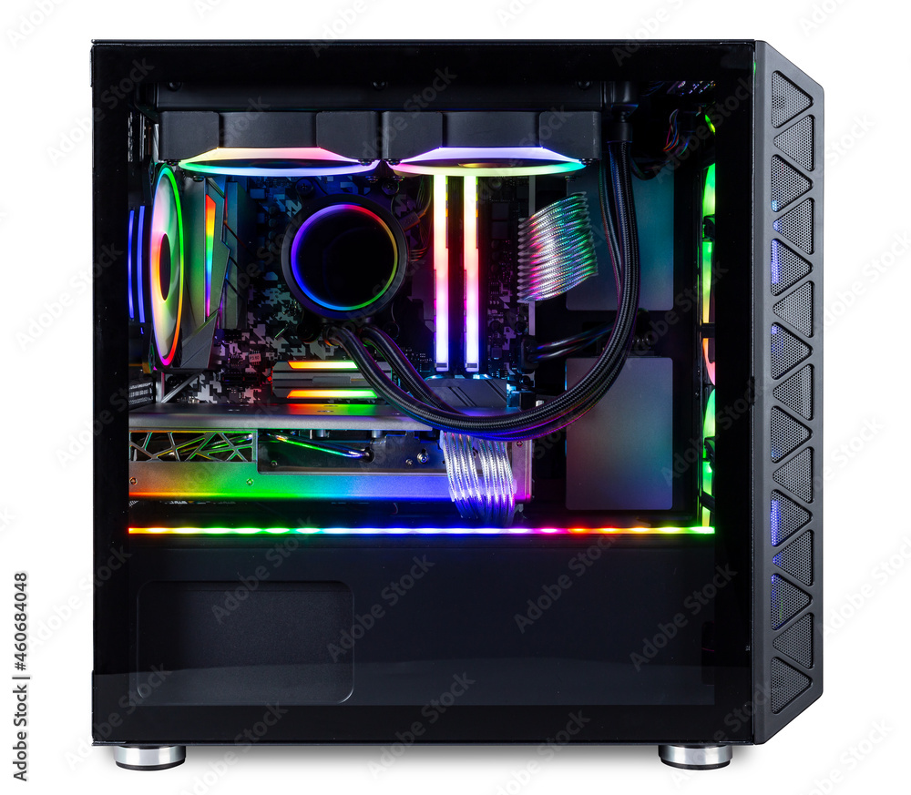 black custom gaming pc computer with glass windows and colorful bright