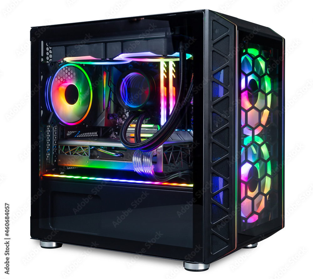 Vandret Næsten det kan black custom gaming pc computer with glass windows and colorful bright rgb  rainbow led lighting isolated white background Stock Photo | Adobe Stock