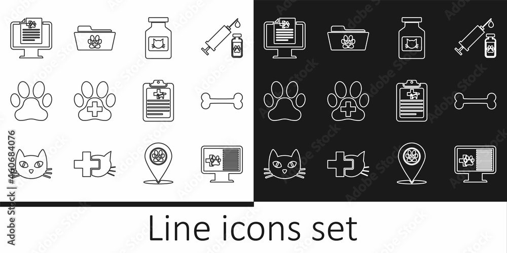 Set line Clinical record pet on monitor, Dog bone, Cat medicine bottle, Veterinary clinic, Paw print, and Medical veterinary folder icon. Vector