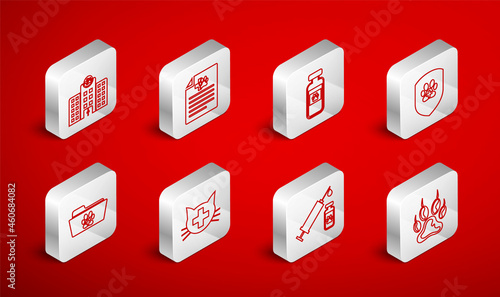 Set line Paw print, Pets vial medical, Animal health insurance, Syringe with pet vaccine, Veterinary medicine hospital, clinic and veterinary record folder icon. Vector