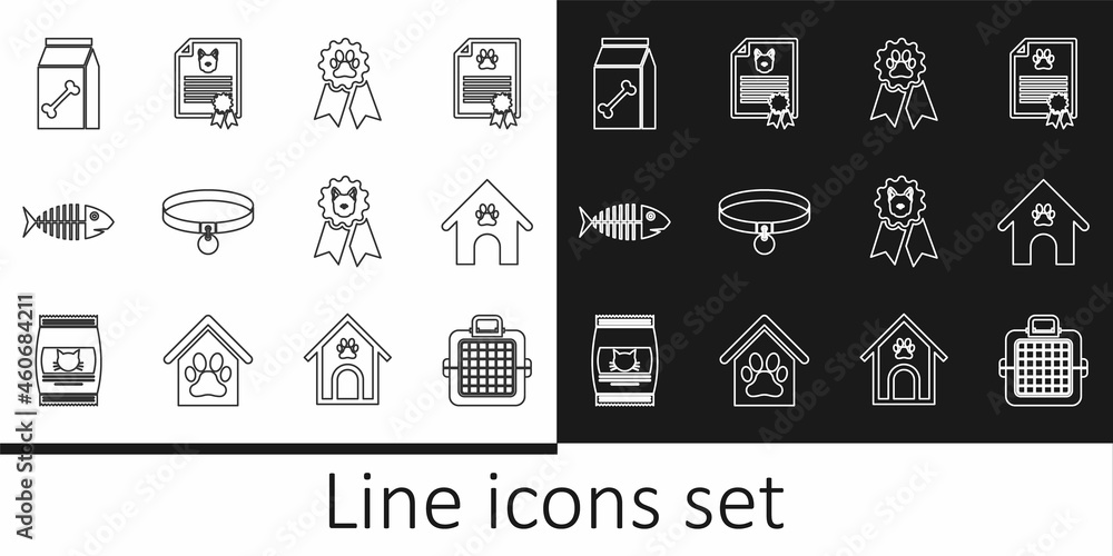 Set line Pet carry case, Dog house and paw print pet, award symbol, Collar, Fish skeleton, Bag of food for, and Certificate dog cat icon. Vector