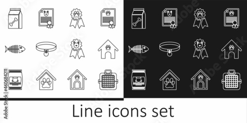 Set line Pet carry case, Dog house and paw print pet, award symbol, Collar, Fish skeleton, Bag of food for, and Certificate dog cat icon. Vector