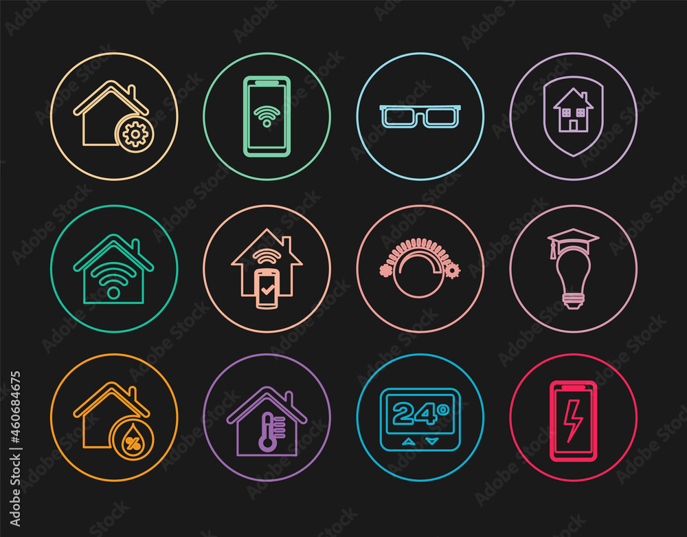 Set line Mobile charging battery, Light bulb and graduation cap, Glasses, Smart home remote control system, with wi-fi, settings, Thermostat and wireless icon. Vector Set line Mobile charging battery, Light bulb and graduation cap, Glasses, Smart home remote control system, with wi-fi, settings, Thermostat and wireless icon. Vector