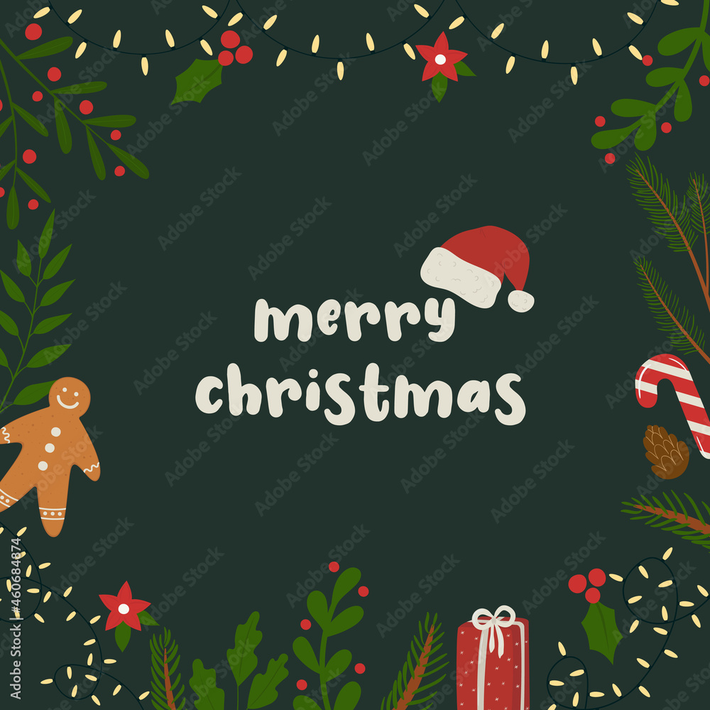 Fototapeta premium Merry christmas background with winter branches, flowers, berries, gift, lights, gingerbread man. Winter holiday background or frame for card, invitation, flyer, sale banner