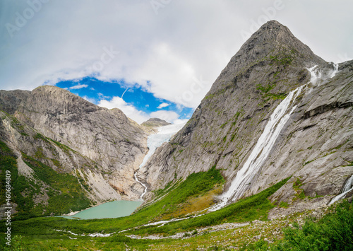 Briksdalbreen glacier and waterfall, Jostedalsbreen National Park, Norway. photo