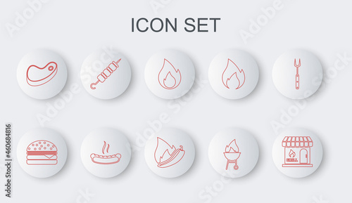 Set line Barbecue shopping building, Burger, Fire flame, grill, Steak meat, Grilled shish kebab, Hotdog sandwich and chili pepper pod icon. Vector