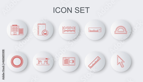 Set line Pixel arrow cursor, Laurel wreath, Measuring height and length, Ruler, Hotel building, Audio book, Gas filling station and icon. Vector