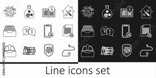 Set line Route location, File document service, Interesting facts, Question and Exclamation, Drawer with documents, Bacteria, Mobile and Test tube virus icon. Vector
