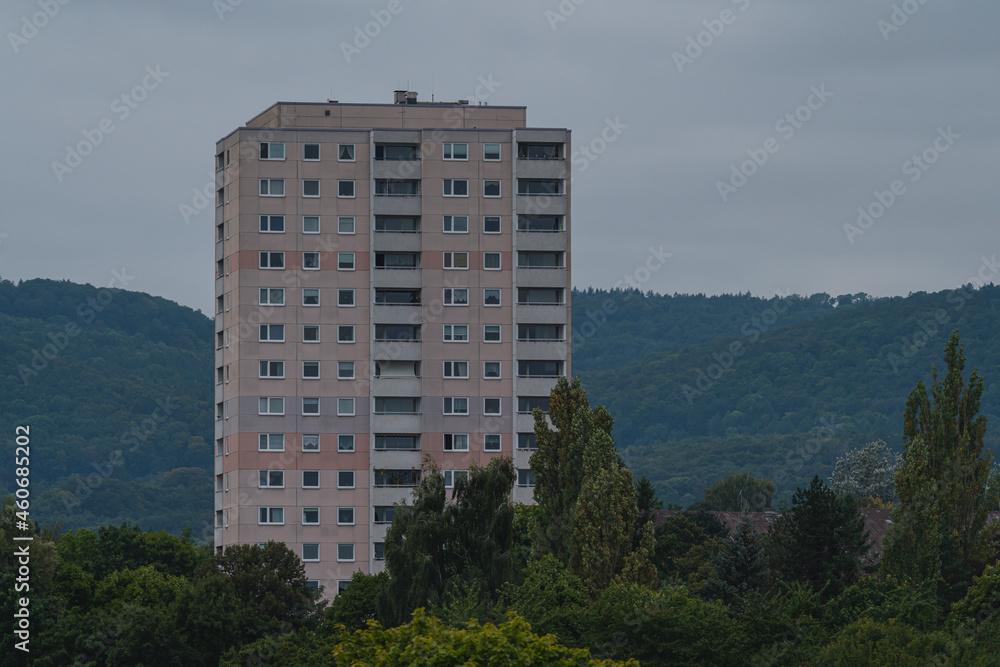 residential high-risewith a forest in the background and trees in the foreground 