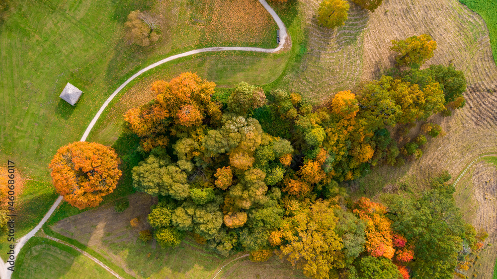  Kernave in beautiful autumn colors photographed with a drone. Kernave was a medieval capital of the Grand Duchy of Lithuania and today is a tourist attraction and an archeological site. 
