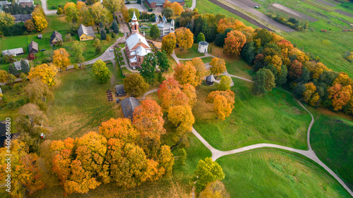  Kernave in beautiful autumn colors photographed with a drone. Kernave was a medieval capital of the Grand Duchy of Lithuania and today is a tourist attraction and an archeological site. 