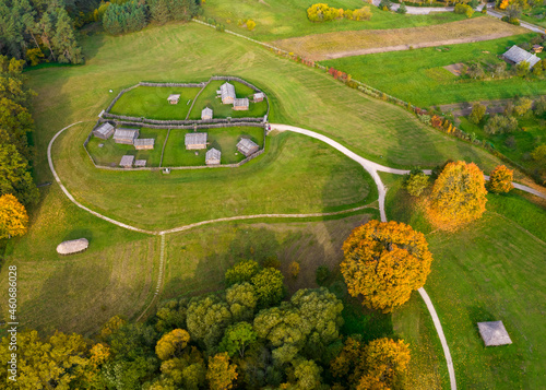  Kernave in beautiful autumn colors photographed with a drone. Kernave was a medieval capital of the Grand Duchy of Lithuania and today is a tourist attraction and an archeological site.  photo