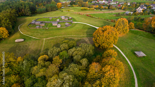 Kernave in beautiful autumn colors photographed with a drone. Kernave was a medieval capital of the Grand Duchy of Lithuania and today is a tourist attraction and an archeological site. 