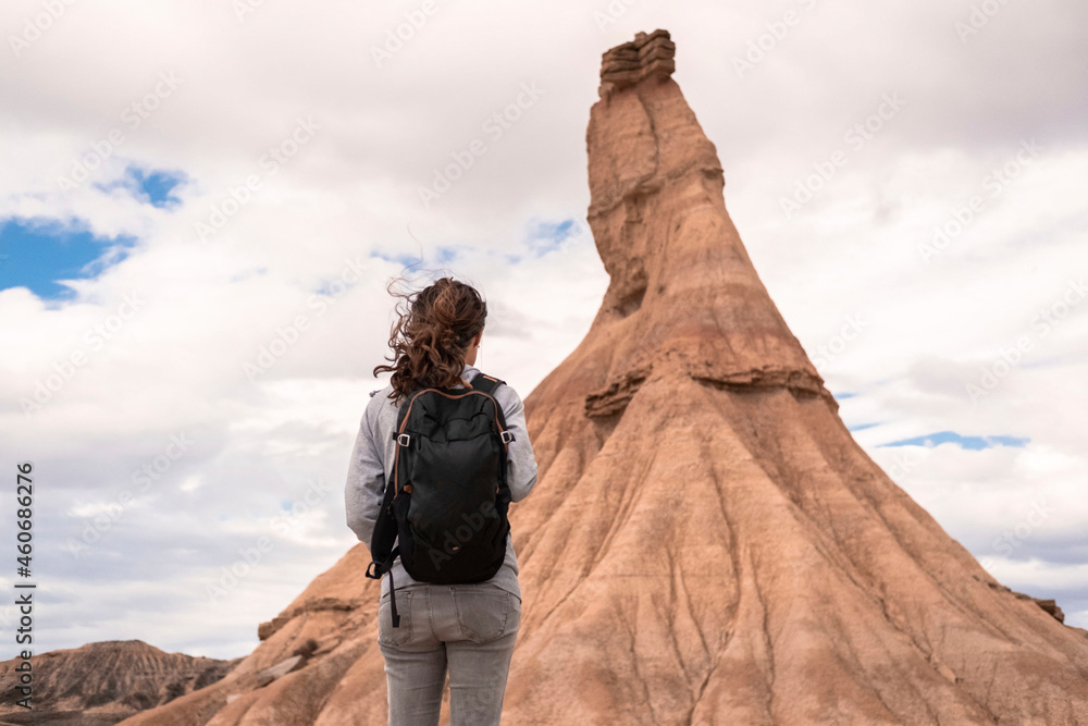 Explorer Woman Doing Hiking In Desert Of Navarra. Adventure concept. Travel concept.
