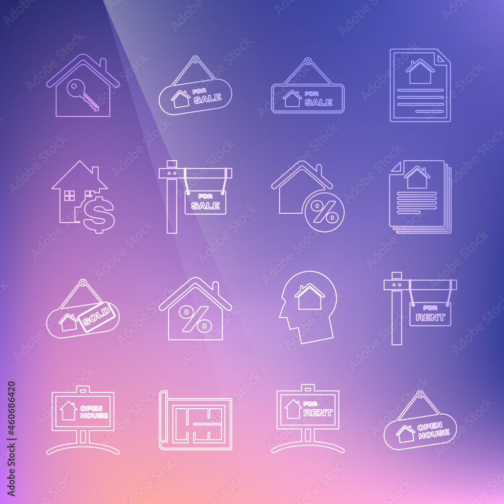 Set line Hanging sign with Open house, For Rent, House contract, Sale, dollar, key and percant icon. Vector Set line Hanging sign with Open house, For Rent, House contract, Sale, dollar, key and percant icon. Vector