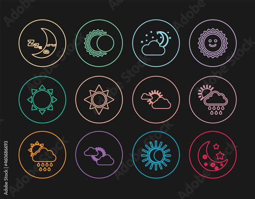 Set line Moon and stars, Cloud with rain sun, moon, Sun, icon, cloud weather and Eclipse of icon. Vector