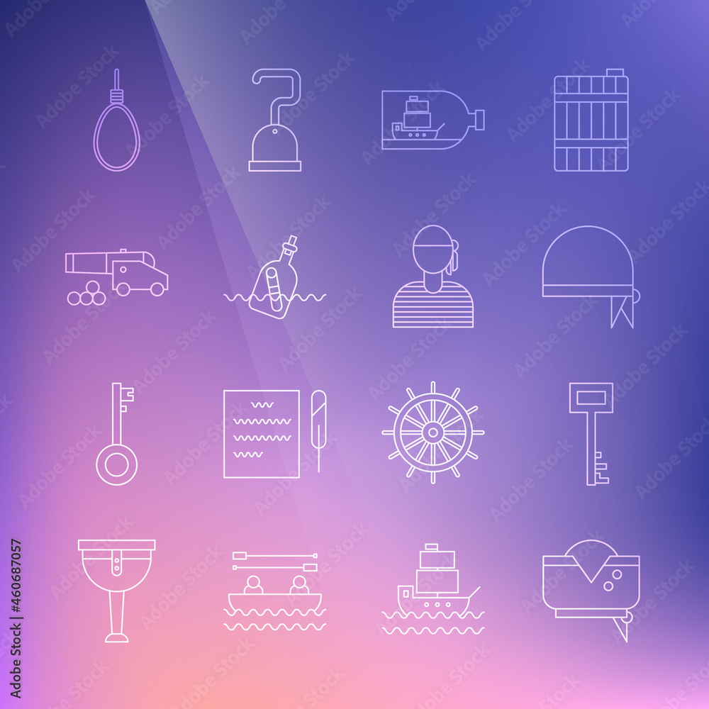 Set line Pirate hat, key, bandana for head, Bottle with ship inside, message water, Cannon cannonballs, Gallows rope loop hanging and Sailor captain icon. Vector Set line Pirate hat, key, bandana for head, Bottle with ship inside, message water, Cannon cannonballs, Gallows rope loop hanging and Sailor captain icon. Vector