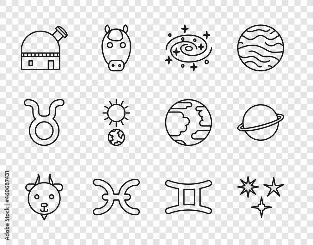 Set line Aries zodiac, Falling star, Milky way spiral galaxy, Pisces, Astronomical observatory, Solstice, Gemini and Planet Saturn icon. Vector Set line Aries zodiac, Falling star, Milky way spiral galaxy, Pisces, Astronomical observatory, Solstice, Gemini and Planet Saturn icon. Vector