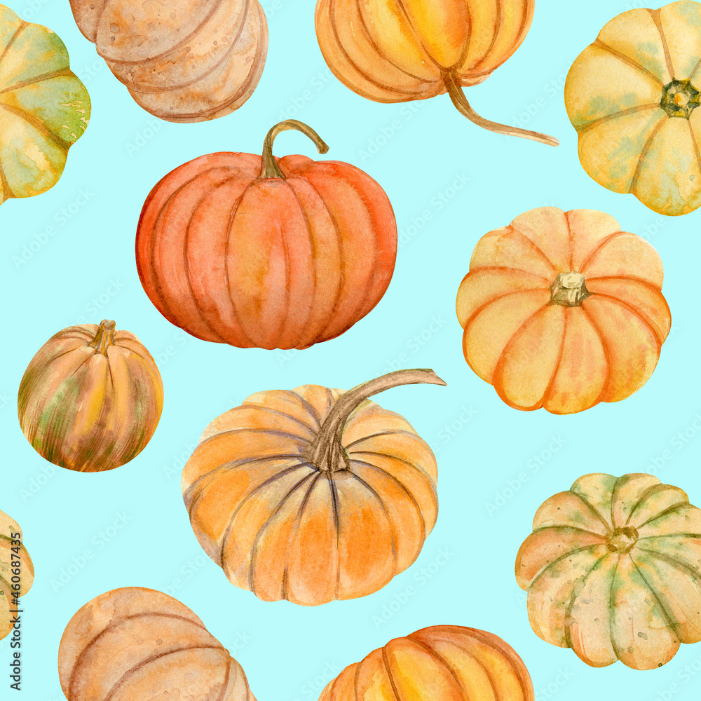 Watercolor pumpkins fall seamless pattern. It is perfect for thanksgiving cards or posters Watercolor pumpkins fall seamless pattern. It is perfect for thanksgiving cards or posters