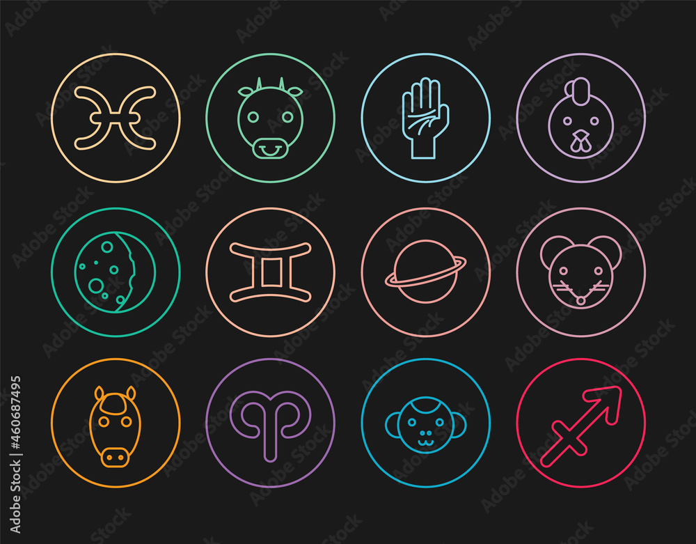Set line Sagittarius zodiac, Rat, Palmistry of the hand, Gemini, Eclipse sun, Pisces, Planet Saturn and Ox icon. Vector Set line Sagittarius zodiac, Rat, Palmistry of the hand, Gemini, Eclipse sun, Pisces, Planet Saturn and Ox icon. Vector