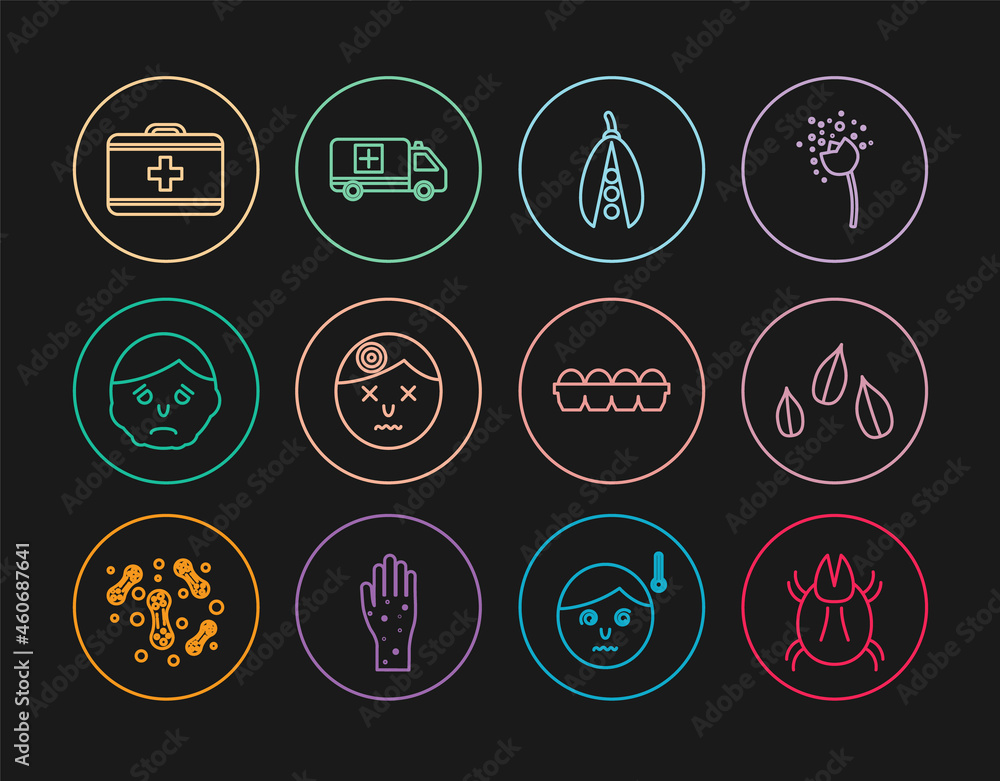 Set line Parasite mite, Sesame seeds, Kidney beans, Man having headache, Inflammation on face, First aid kit, Chicken egg box and Emergency car icon. Vector