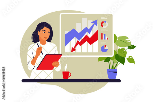 Taking notes concept. Woman taking notes. Vector illustration. Flat.