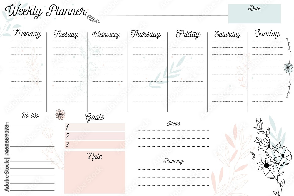 Weekly planner. Minimalistic design with pastel colors. Weekly planner with  handmade flowers, notes, stationery organizer for daily plans, floral  vector weekly planner template, timetable Stock Vector