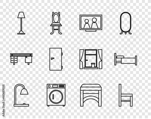 Set line Table lamp, Chair, Picture frame on table, Washer, Floor, Closed door, and Bed icon. Vector