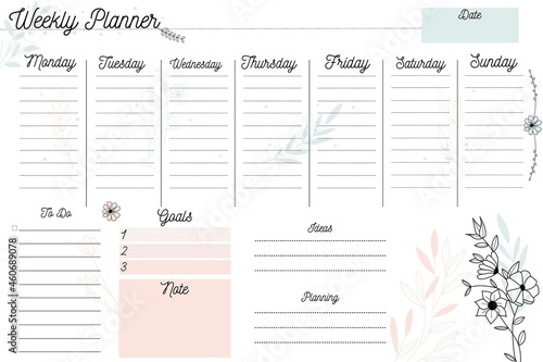 Weekly planner. Minimalistic design with pastel colors. Weekly planner with handmade flowers, notes, stationery organizer for daily plans, floral vector weekly planner template, timetable
