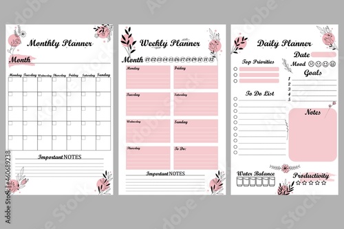 Set of minimalist planners. Daily, weekly, monthly planner template. Cute and simple printable to do list. Simple flowers, leaves, branches. Design with pink elements.