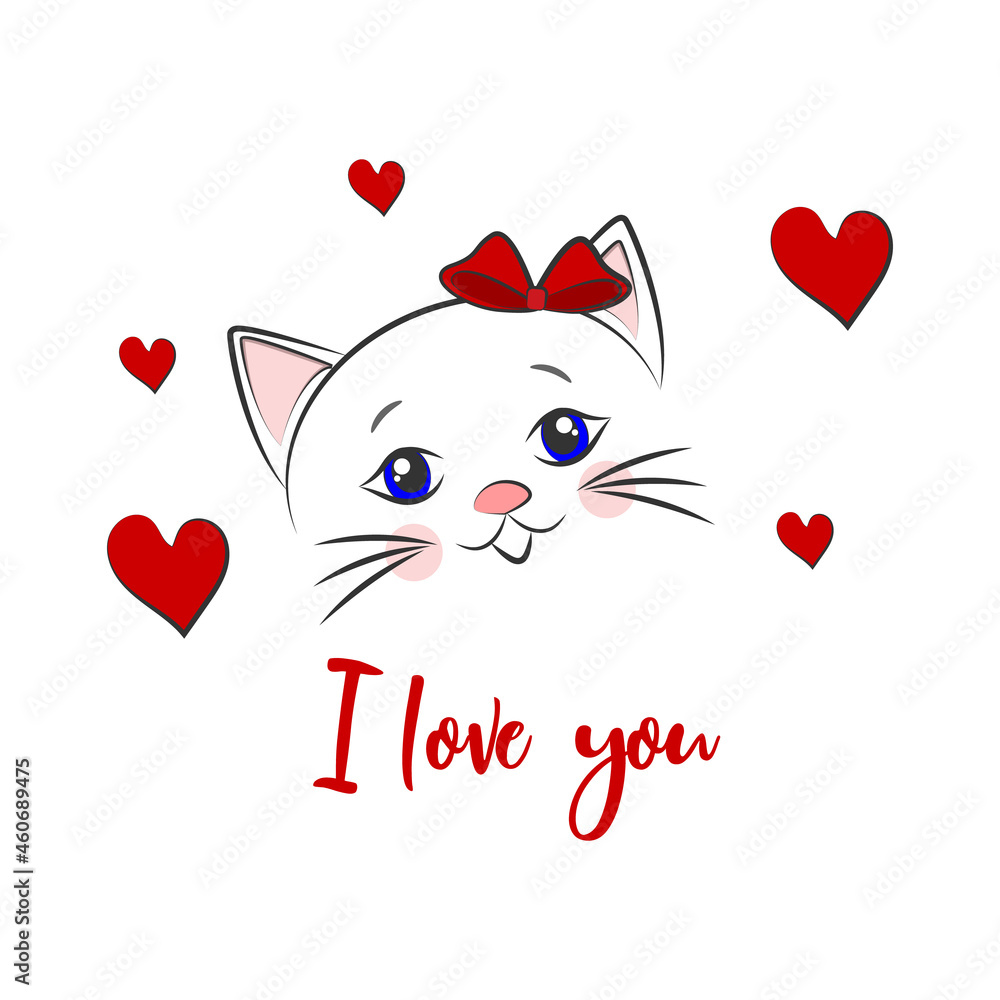 Cute cat . Love concept. Postcard with a kitten. Design element for wedding, birthday or Valentine's Day. Vector illustration