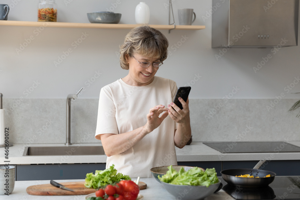 Happy middle aged senior retired woman in eyeglasses using smartphone, communicating online in social network or searching interesting recipes preparing healthy food in modern kitchen on weekend. Happy middle aged senior retired woman in eyeglasses using smartphone, communicating online in social network or searching interesting recipes preparing healthy food in modern kitchen on weekend.