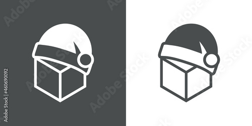 Regalos de Navidad. Logotipo con caja de regalo con silueta de gorro de Papá Noel en fondo gris y fondo blanco
