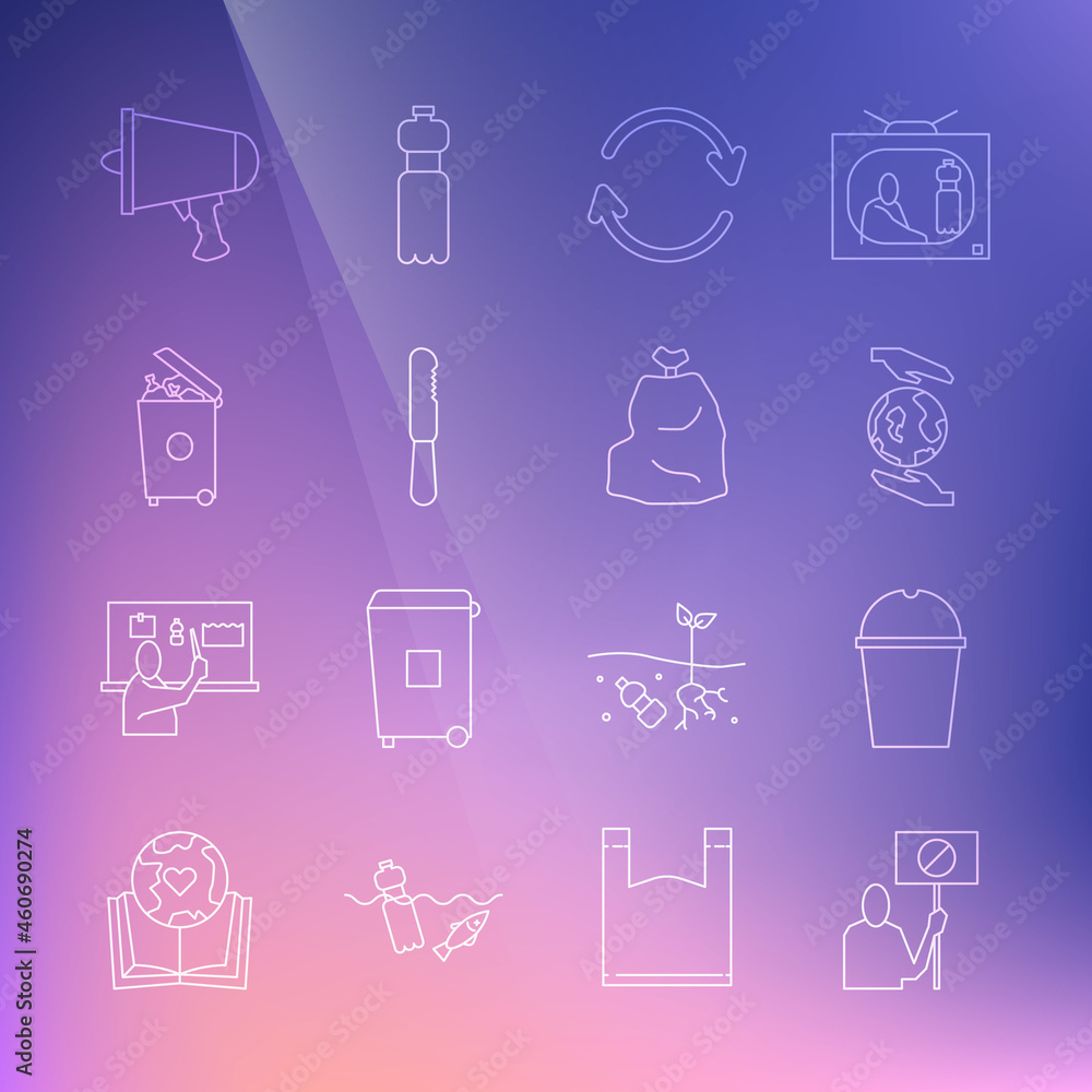 Set line Nature saving protest, Paper glass water, Hands holding Earth globe, Refresh, Disposable plastic knife, Trash can, Spread the word, megaphone and Garbage bag icon. Vector Set line Nature saving protest, Paper glass water, Hands holding Earth globe, Refresh, Disposable plastic knife, Trash can, Spread the word, megaphone and Garbage bag icon. Vector