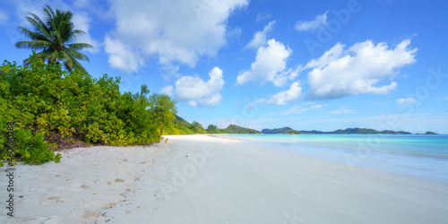 tropical beach at anse volbert on praslin, seychelles