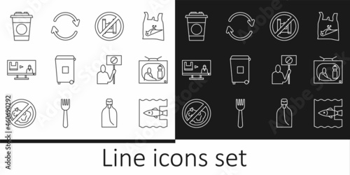 Set line Stop ocean plastic pollution, Say no bags poster, Trash can, Paper glass, Nature saving protest and Refresh icon. Vector