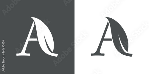 Logotipo letra inicial A con hoja de árbol en fondo gris y fondo blanco