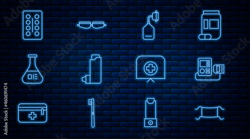 Set line Medical protective mask, Blood pressure, oxygen, Inhaler, Test tube and flask, Pills in blister pack, Nurse hat with cross and Safety goggle glasses icon. Vector