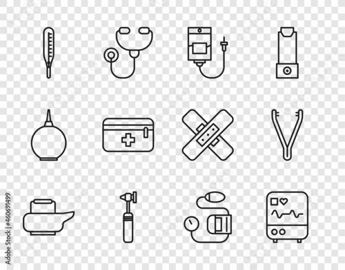 Set line Bedpan, Monitor with cardiogram, IV bag, Medical otoscope tool, thermometer, First aid kit, Blood pressure and tweezers icon. Vector