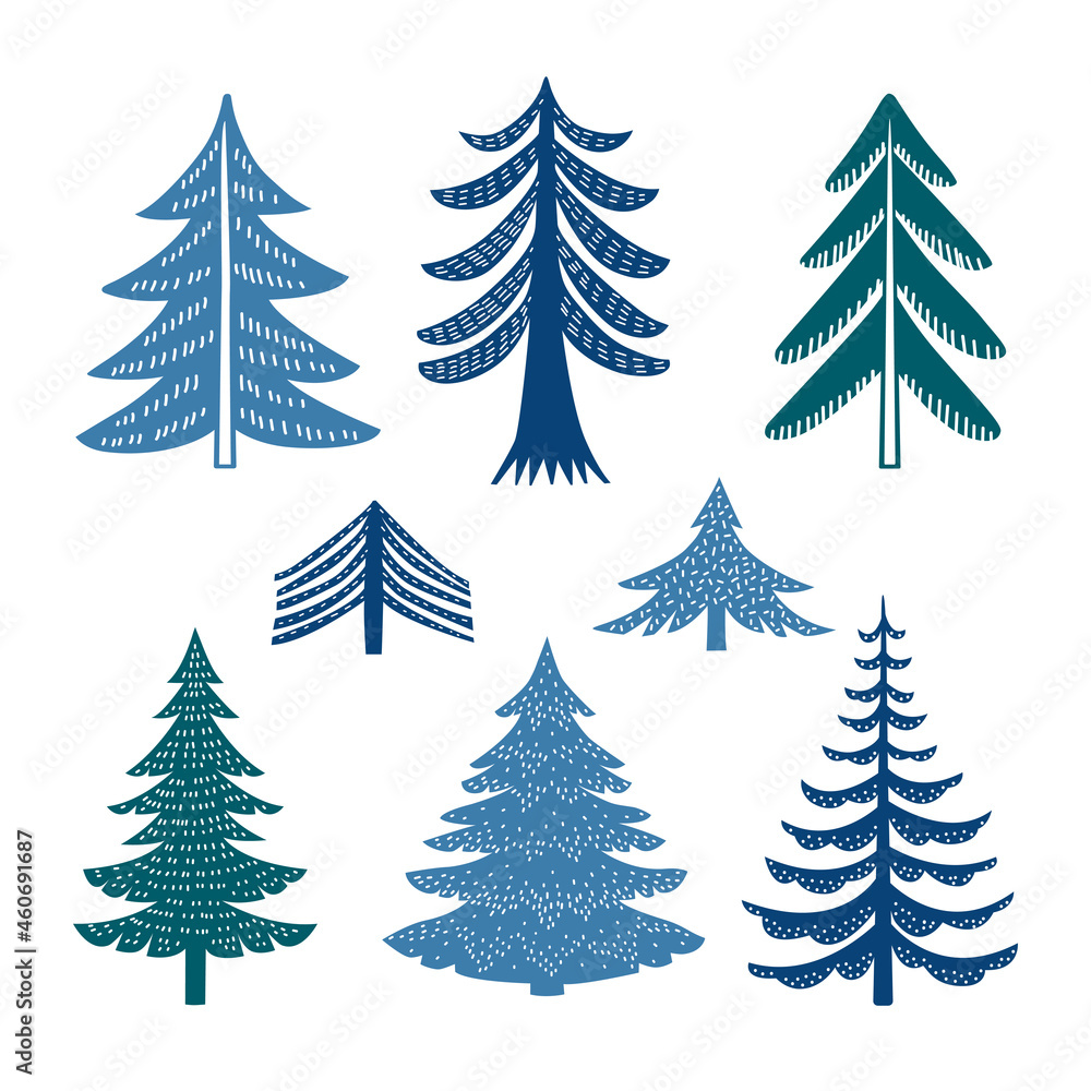 Set of stylized Christmas trees isolated on white background. Fir tree silhouettes. Vector illustration.