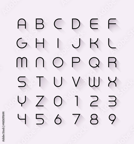 Full English alphabet whith numbers perfoming as simple line signs at white background