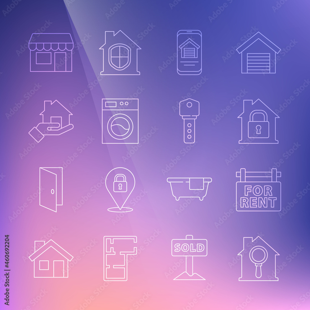 Set line Search house, Hanging sign with For Rent, House under protection, Online real estate, Washer, Realtor, Market store and key icon. Vector Set line Search house, Hanging sign with For Rent, House under protection, Online real estate, Washer, Realtor, Market store and key icon. Vector