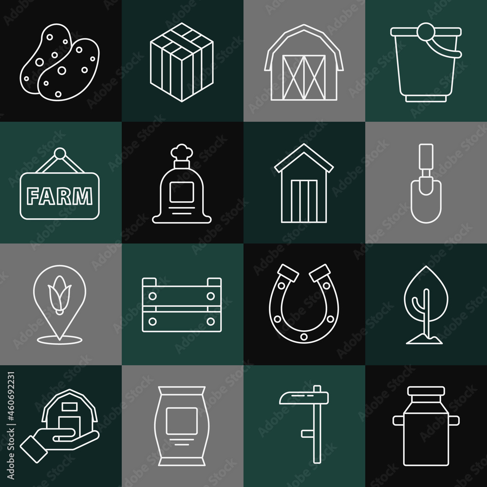 Set line Can container for milk, Tree, Garden trowel spade shovel, Farm house, Full sack, Signboard with text, Potato and Wooden outdoor toilet icon. Vector Set line Can container for milk, Tree, Garden trowel spade shovel, Farm house, Full sack, Signboard with text, Potato and Wooden outdoor toilet icon. Vector