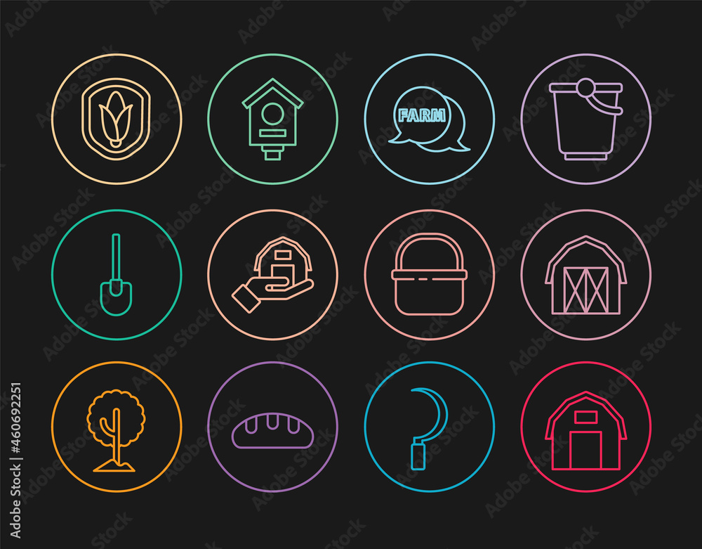 Set line Farm house, Speech bubble with, in hand, Shovel, Shield corn, Basket and Bird icon. Vector Set line Farm house, Speech bubble with, in hand, Shovel, Shield corn, Basket and Bird icon. Vector