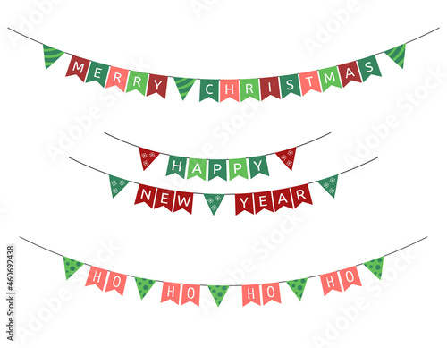 Christmas flags garlands. Vector set of New Year triangular holiday buntings. Text Merry Christmas, Happy New Year and Ho ho of Santa. Decorations collection